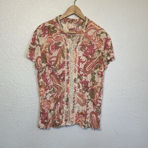 Vintage Top Women XL Multicolor Blouse Paisley Lace Crinkle Fairy Whimsy Y2K 90s